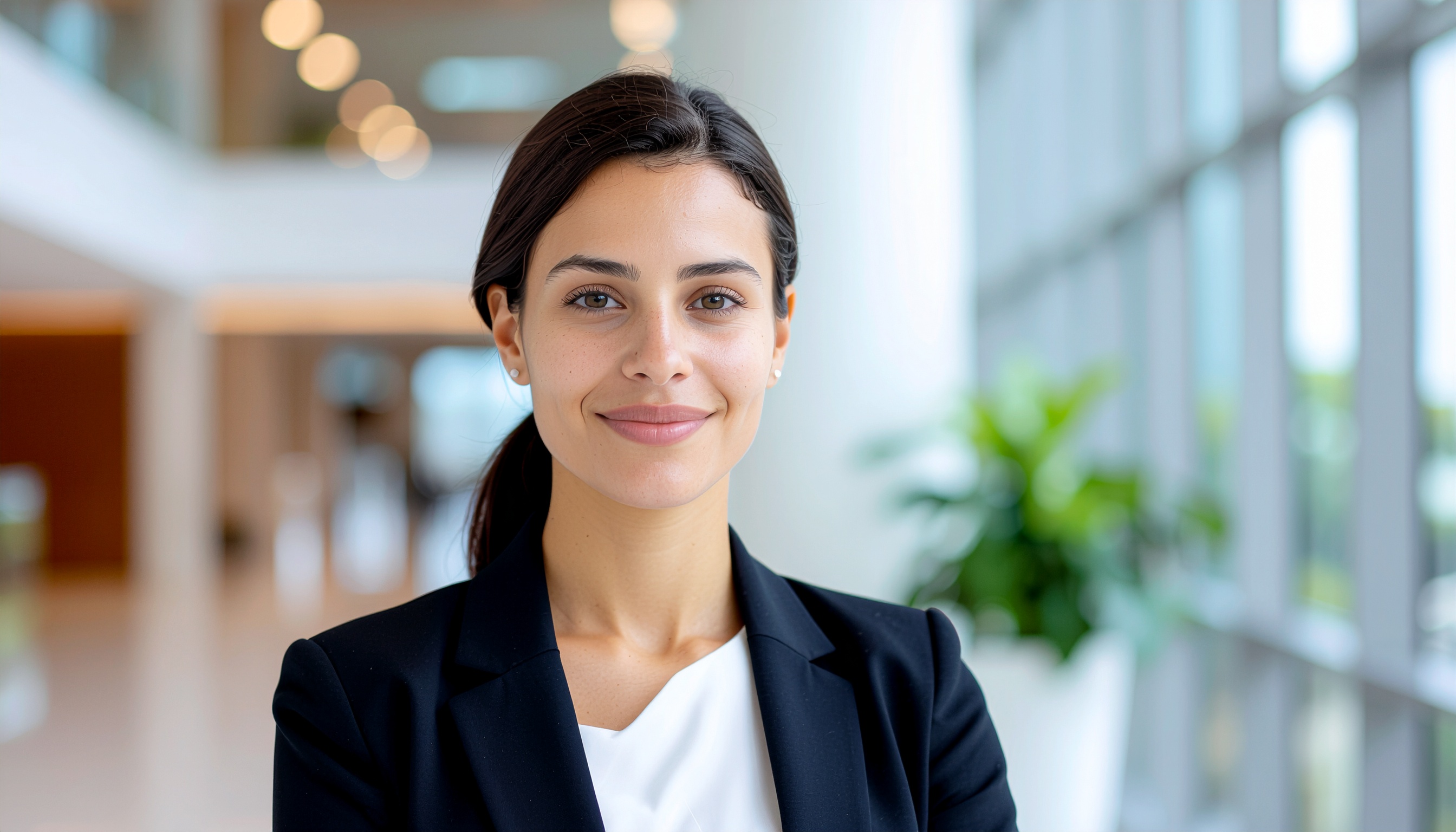 Retrato de uma mulher sorridente em um ambiente corporativo iluminado, com janelas amplas ao fundo. Ela veste um terno preto com camisa branca, transmitindo profissionalismo. A iluminação suave realça sua expressão amigável e o fundo desfocado adiciona profundidade e foco ao rosto.